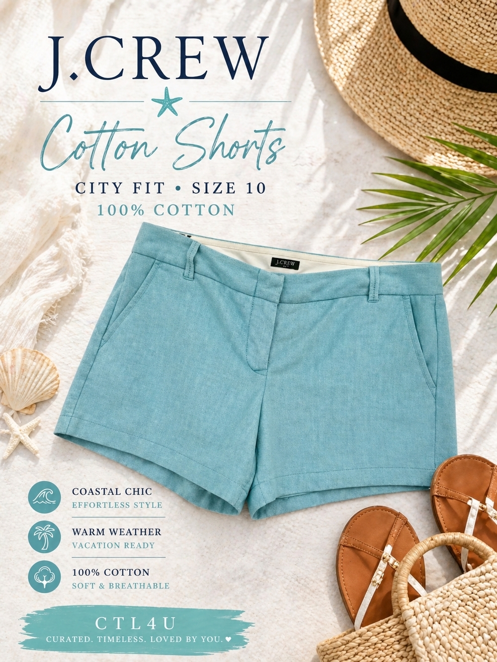J.Crew City Fit Cotton Shorts Teal Blue  Tailored Size 10